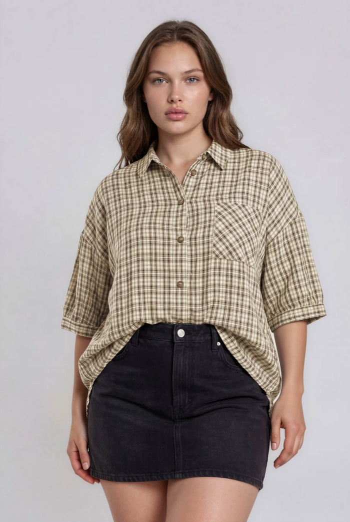 Rearview Plaid Short Sleeve Top - Curvy Available