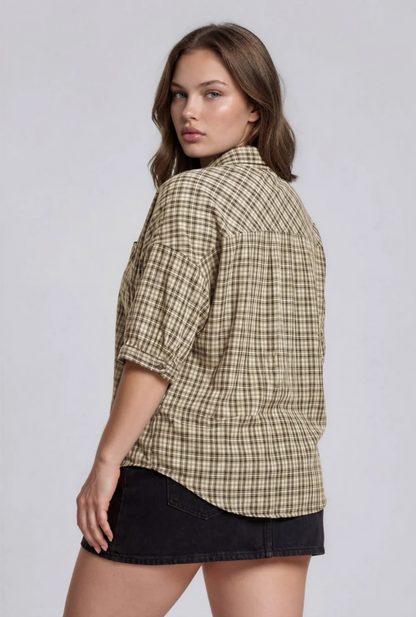Rearview Plaid Short Sleeve Top - Curvy Available