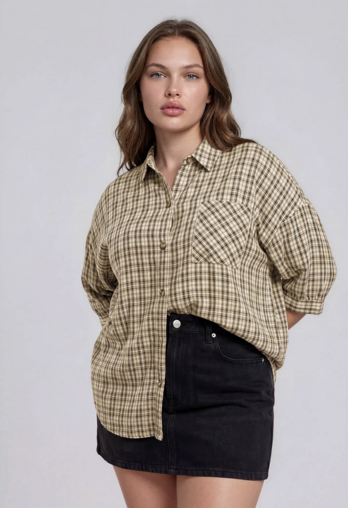 Rearview Plaid Short Sleeve Top - Curvy Available