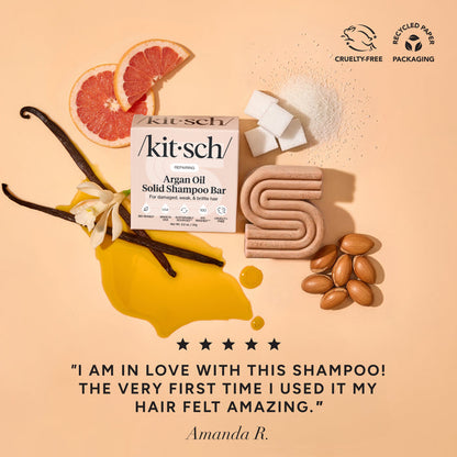 KITSCH Repairing Argan Oil Shampoo Bar — 5-star customer review graphic — Packed with antioxidant-rich argan oil to help boost moisture without weighing it down — free of parabens, phthalates, silicones and sulfates