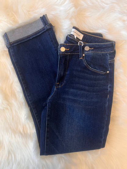Risen High Rise Dark Cross Over Straight Leg Jeans
