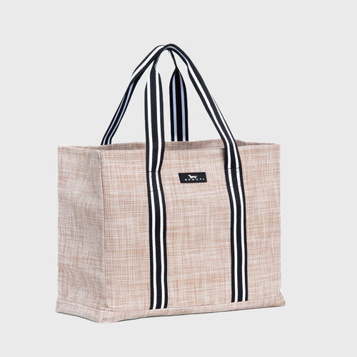Beige tote bag with black and white striped handles on a light gray background