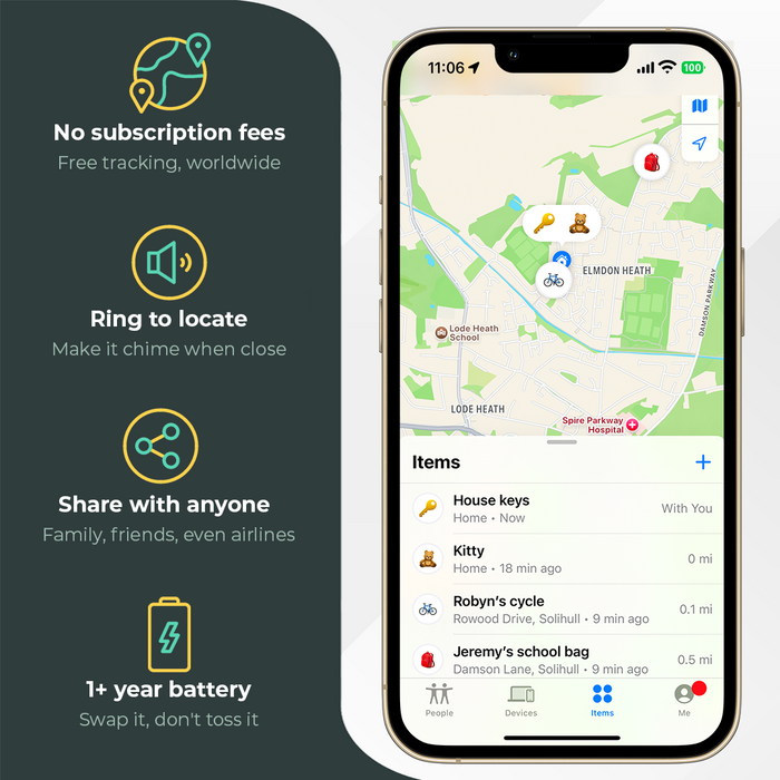 Phone screen displaying a location tracking app with features listed on the left.