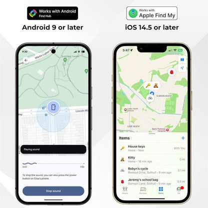 Two smartphone screens showing location tracking apps with compatibility text for Android and iOS.