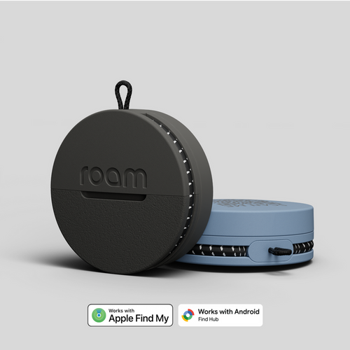 Two circular devices, one black and one blue, with 'roam' branding on a light gray background.