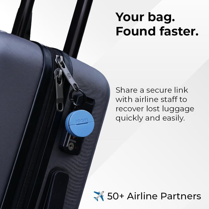 Luggage with a blue tracking device attached, featuring text about finding lost luggage faster.