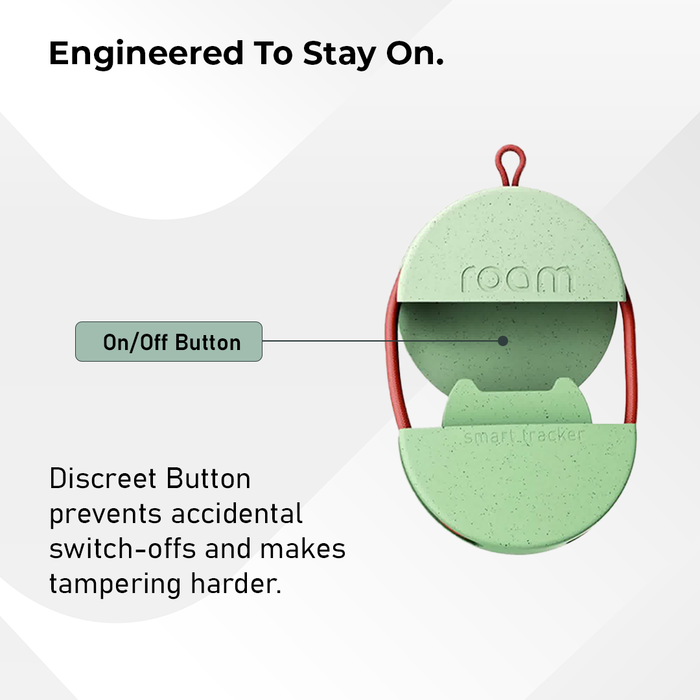 Sage green Roam smart tracker showing discreet on/off button feature - Engineered To Stay On, preventing accidental switch-offs and making tampering harder for secure item tracking