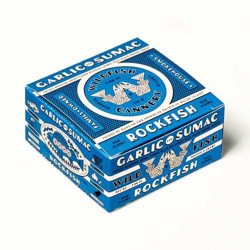 Blue packaging box with white text and graphics on a white background