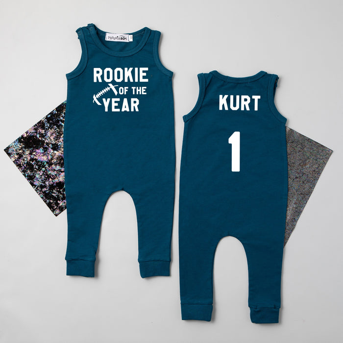 "Rookie of the Year" Football Slim Fit First Birthday Sleeveless Romper