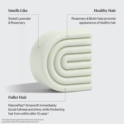 KITSCH Volumizing Rosemary & Biotin Solid Conditioner Bar benefit callout — Smells Like: Sweet Lavender & Rosemary — Healthy Hair: Rosemary & Biotin help promote appearance of healthy hair — Fuller Hair: NaturePep® Amaranth immediately boosts fullness and shine, while thickening hair from within after 10 uses