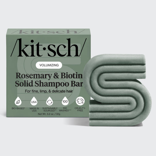 Kitsch Volumizing Rosemary & Biotin Shampoo Bar with retail packaging on a soft neutral background – for fine, limp hair