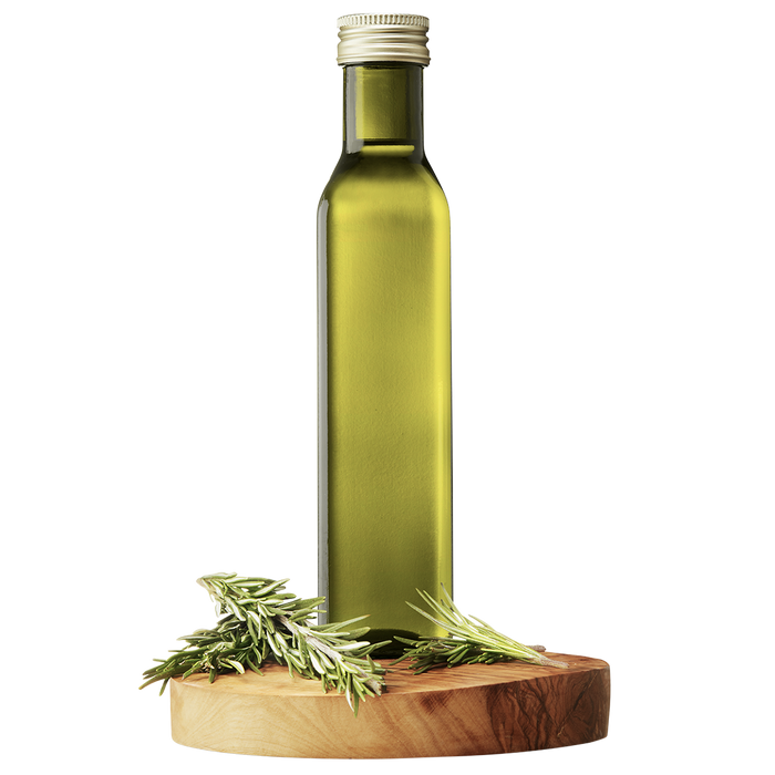 A bottle of Extra Virgin Olive Oil with a sprig of rosemary placed next to it, all set on a wooden platform.