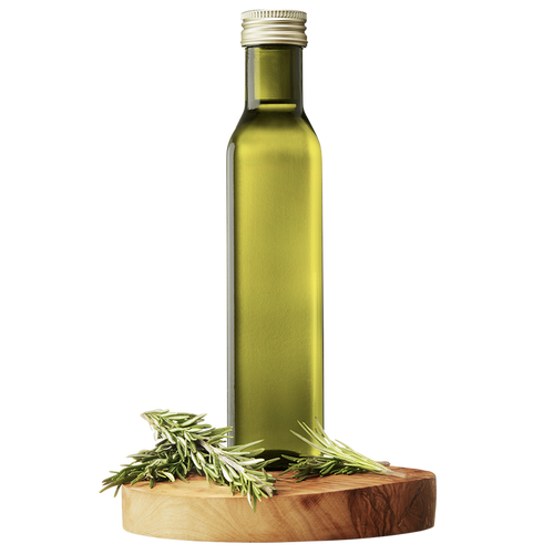 A bottle of Extra Virgin Olive Oil with a sprig of rosemary placed next to it, all set on a wooden platform.