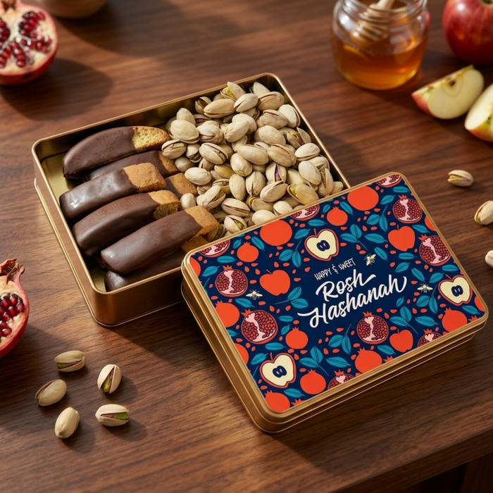Rosh Hashanah Biscotti and Nut Gift Tin