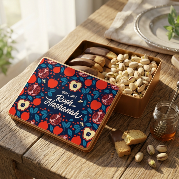 Rosh Hashanah Chocolate Biscotti and Nut Gift Tin