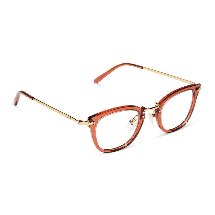 diff eyewear rue square glasses with a peach dusk frame and prescription lenses angled view