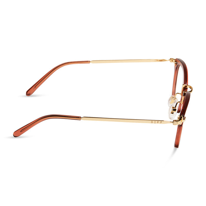 diff eyewear rue square glasses with a peach dusk frame and prescription lenses side view
