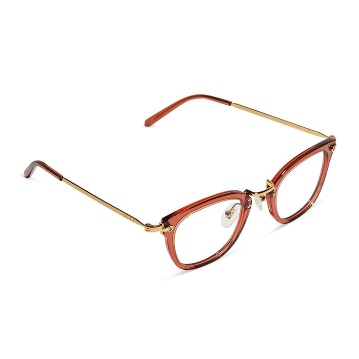 diff eyewear rue square glasses with a peach dusk frame and prescription lenses detailed view