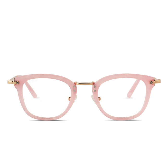 diff eyewear rue square glasses with a geo pink frame, gold legs and prescription lenses front view