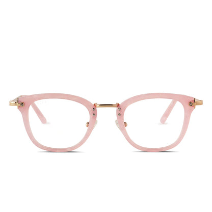 diff eyewear rue square glasses with a geo pink frame, gold legs and prescription lenses front view