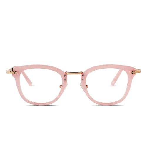 diff eyewear rue square glasses with a geo pink frame, gold legs and prescription lenses front view