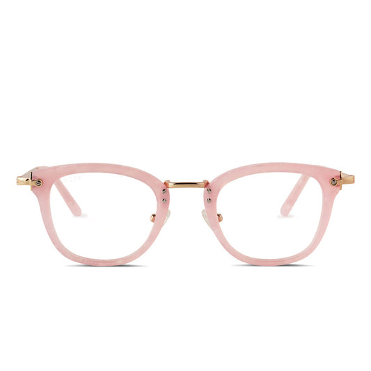 diff eyewear rue square glasses with a geo pink frame, gold legs and prescription lenses front view
