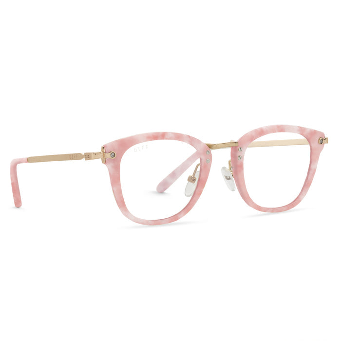 diff eyewear rue square glasses with a geo pink frame, gold legs and prescription lenses angled view