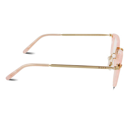 diff eyewear rue square glasses with a geo pink frame, gold legs and prescription lenses side view