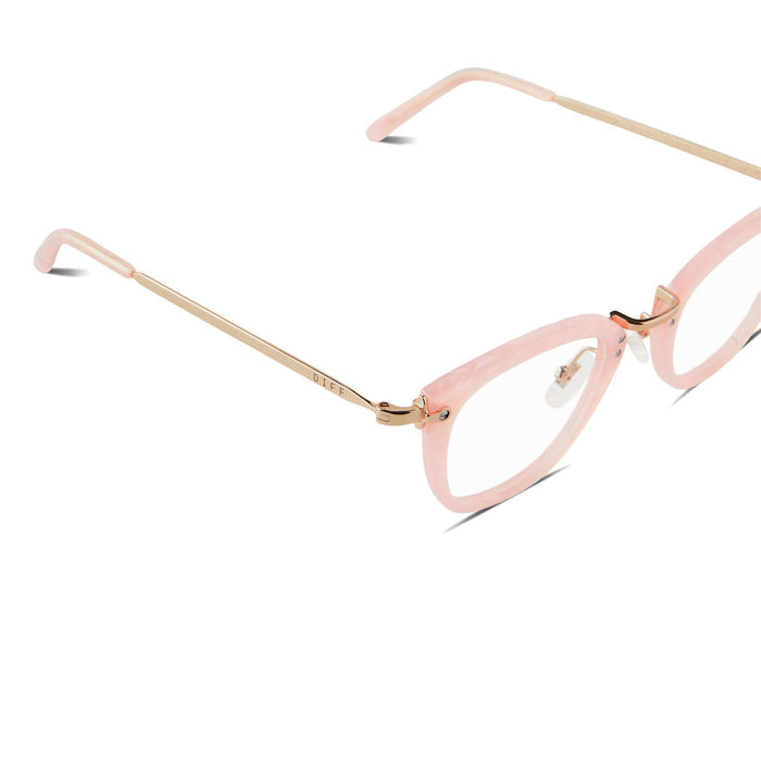 diff eyewear rue square glasses with a geo pink frame, gold legs and prescription lenses angled view