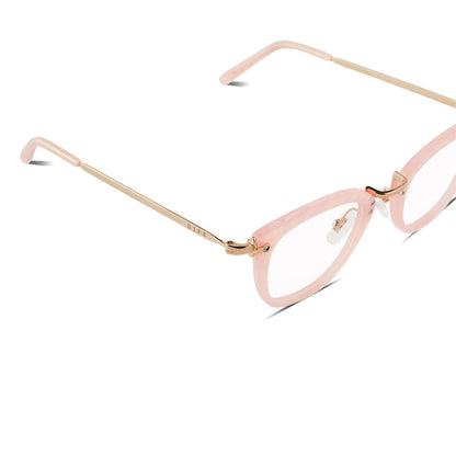 diff eyewear rue square glasses with a geo pink frame, gold legs and prescription lenses angled view