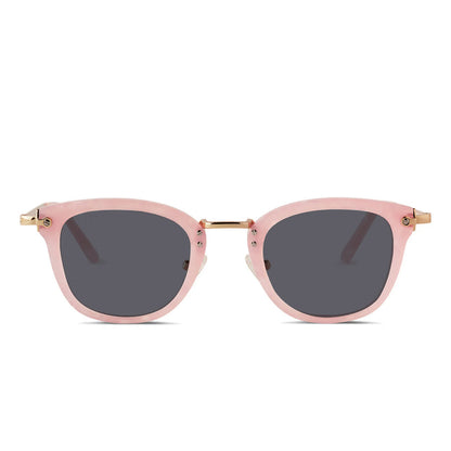 diff eyewear rue square prescription sunglasses with a geo pink frame, gold legs and grey prescription lenses front view