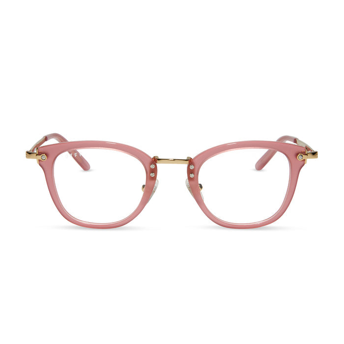 diff eyewear featuring the rue square prescription glasses with a guava pink frame front view