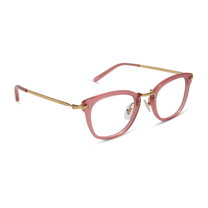 diff eyewear featuring the rue square prescription glasses with a guava pink frame angled view