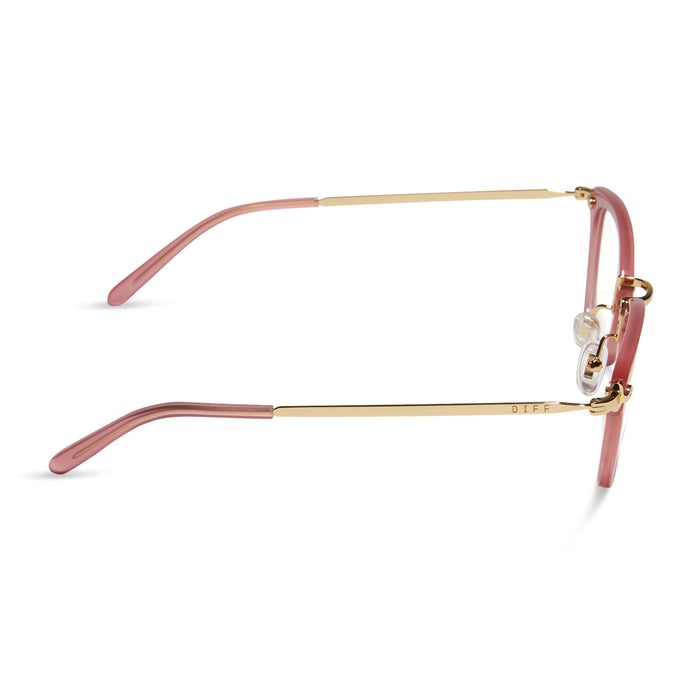 diff eyewear featuring the rue square prescription glasses with a guava pink frame side view