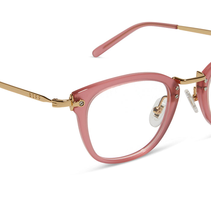 diff eyewear featuring the rue square prescription glasses with a guava pink frame detailed view
