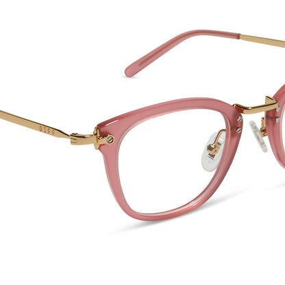 diff eyewear featuring the rue square prescription glasses with a guava pink frame detailed view