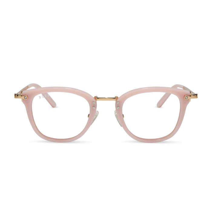diff eyewear featuring the rue round glasses with a pink velvet frame and prescription lenses front view