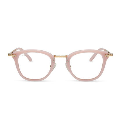 diff eyewear featuring the rue round glasses with a pink velvet frame and prescription lenses front view