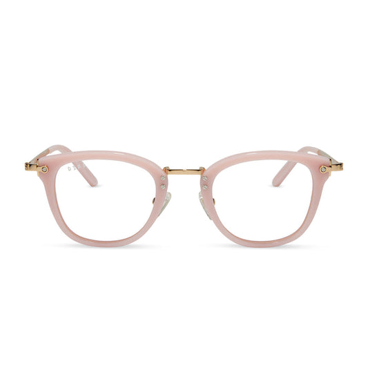 diff eyewear featuring the rue round glasses with a pink velvet frame and prescription lenses front view