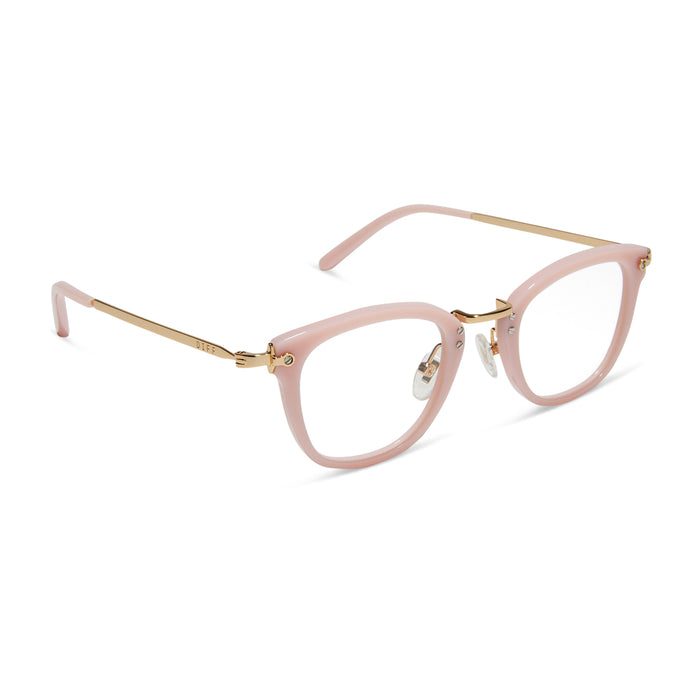 diff eyewear featuring the rue round glasses with a pink velvet frame and prescription lenses angled view