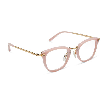 diff eyewear featuring the rue round glasses with a pink velvet frame and prescription lenses angled view