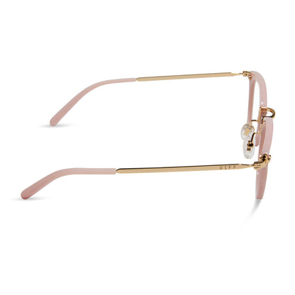 diff eyewear featuring the rue round glasses with a pink velvet frame and prescription lenses side view