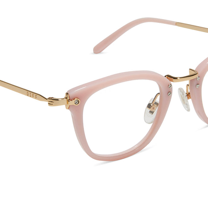 diff eyewear featuring the rue round glasses with a pink velvet frame and prescription lenses detailed view