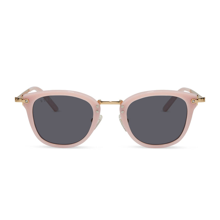 diff eyewear featuring the rue round prescription sunglasses with a pink velvet frame and grey prescription lenses front view