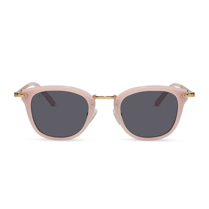 diff eyewear featuring the rue round prescription sunglasses with a pink velvet frame and grey prescription lenses front view