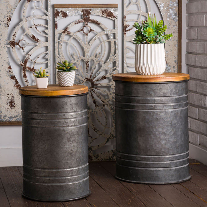 Rustic Galvanized Metal Storage Accent Table or Stool with Round Wood Lid,  Set of 2