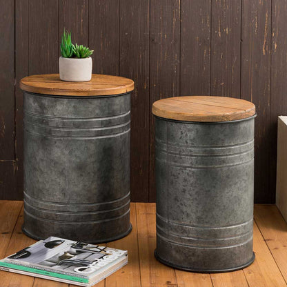 Rustic Galvanized Metal Storage Accent Table or Stool with Round Wood Lid,  Set of 2