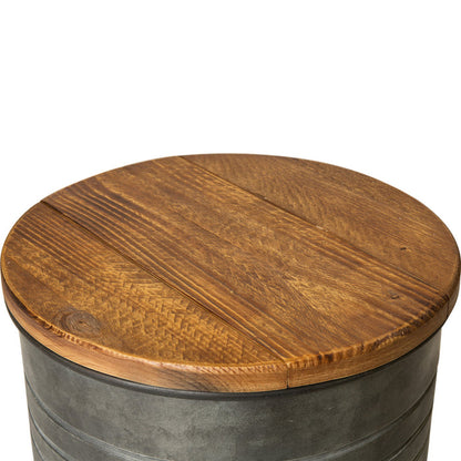 Rustic Galvanized Metal Storage Accent Table or Stool with Round Wood Lid,  Set of 2