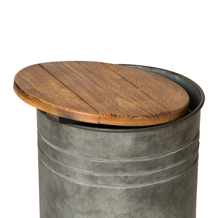 Rustic Galvanized Metal Storage Accent Table or Stool with Round Wood Lid,  Set of 2