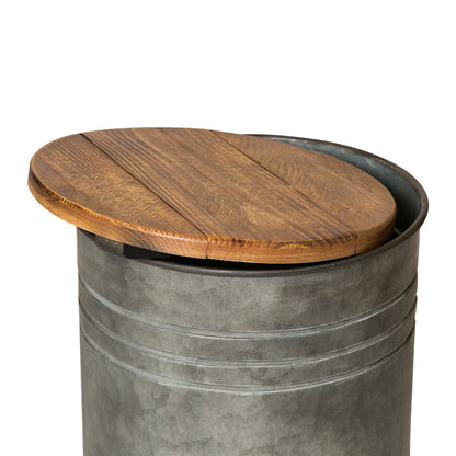 Rustic Galvanized Metal Storage Accent Table or Stool with Round Wood Lid,  Set of 2